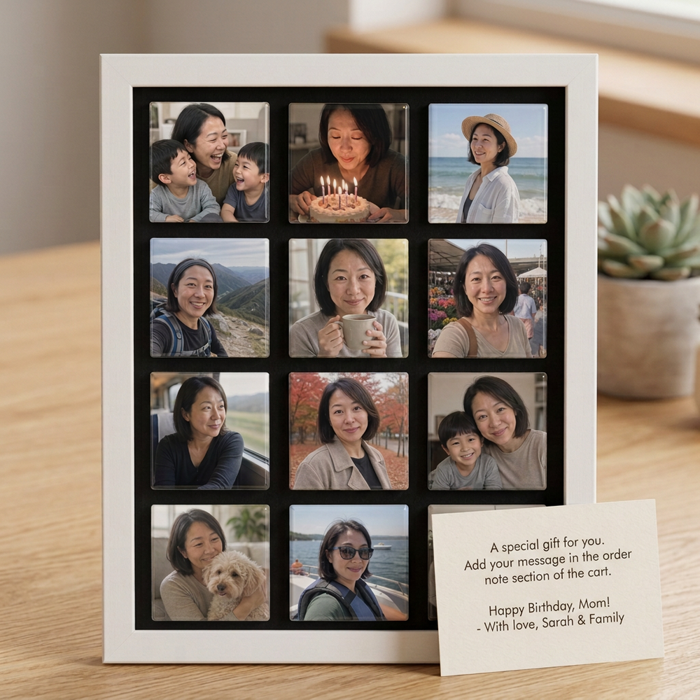 A white 12-photo magnetic frame full of family photos on a wooden table