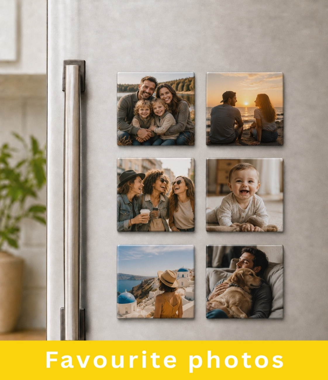 Fridge with button photos magnet prints of people and children on a white wall.