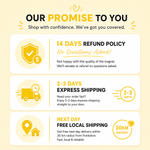 Promotional graphic detailing a store's refund policy, shipping options, and free local shipping radius on a yellow background.