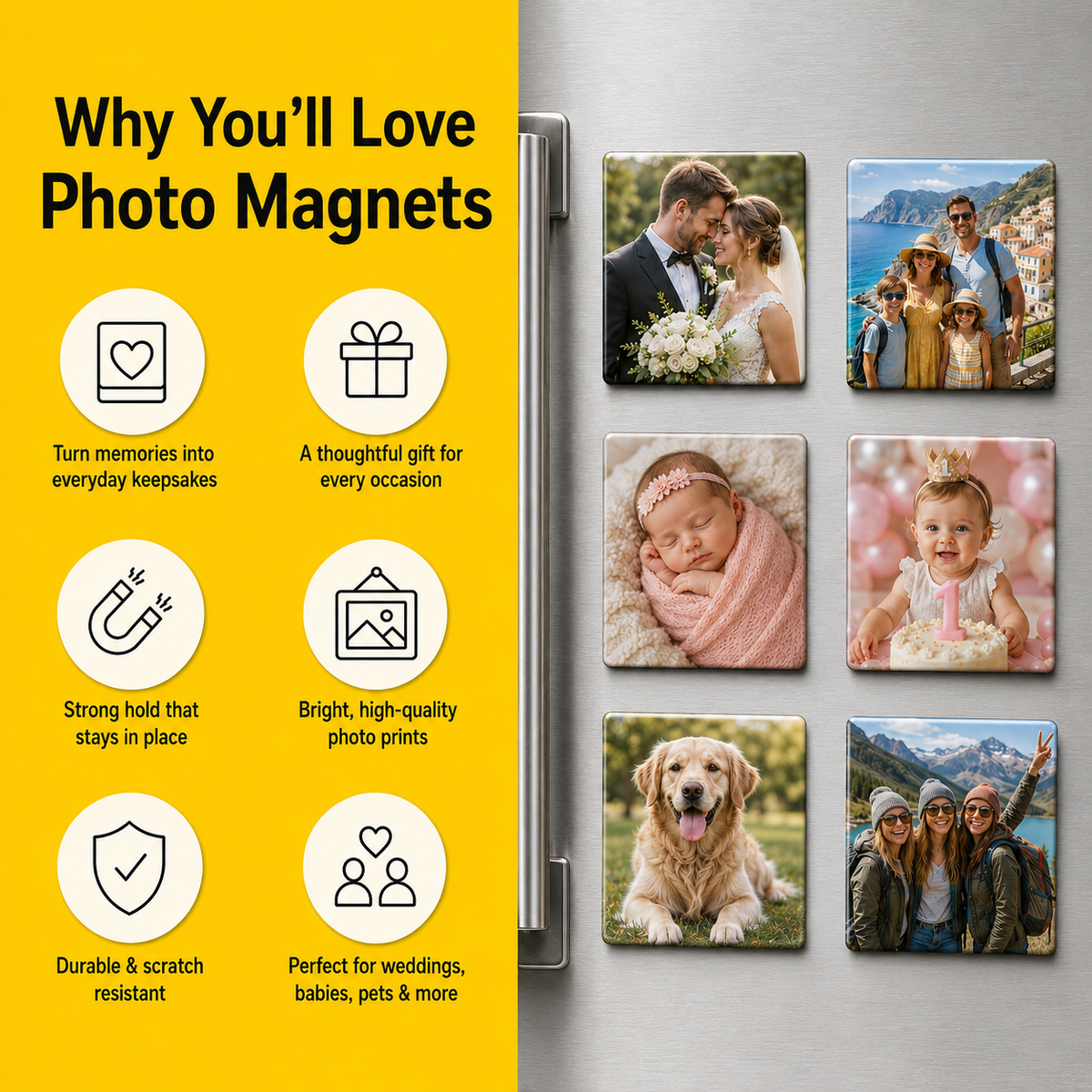 Fridge with photo magnets displaying various images and a yellow background with text about photo magnets.