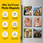 Fridge with photo magnets displaying various images and a yellow background with text about photo magnets.