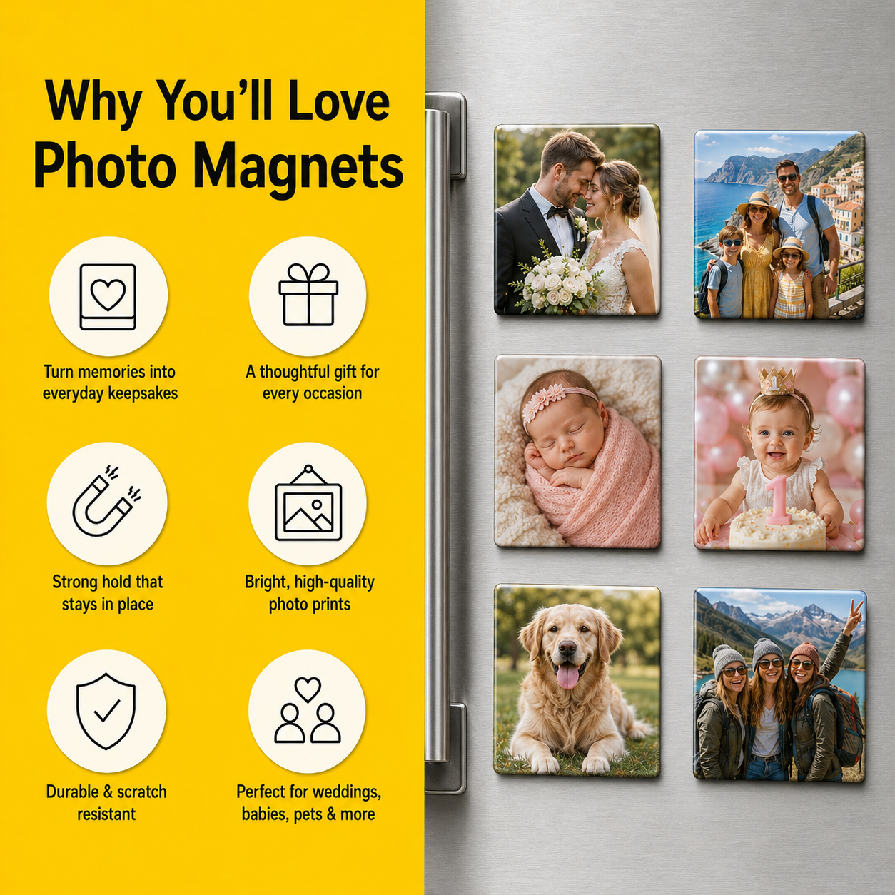 Fridge with photo magnets displaying various images and a yellow background with text about photo magnets.