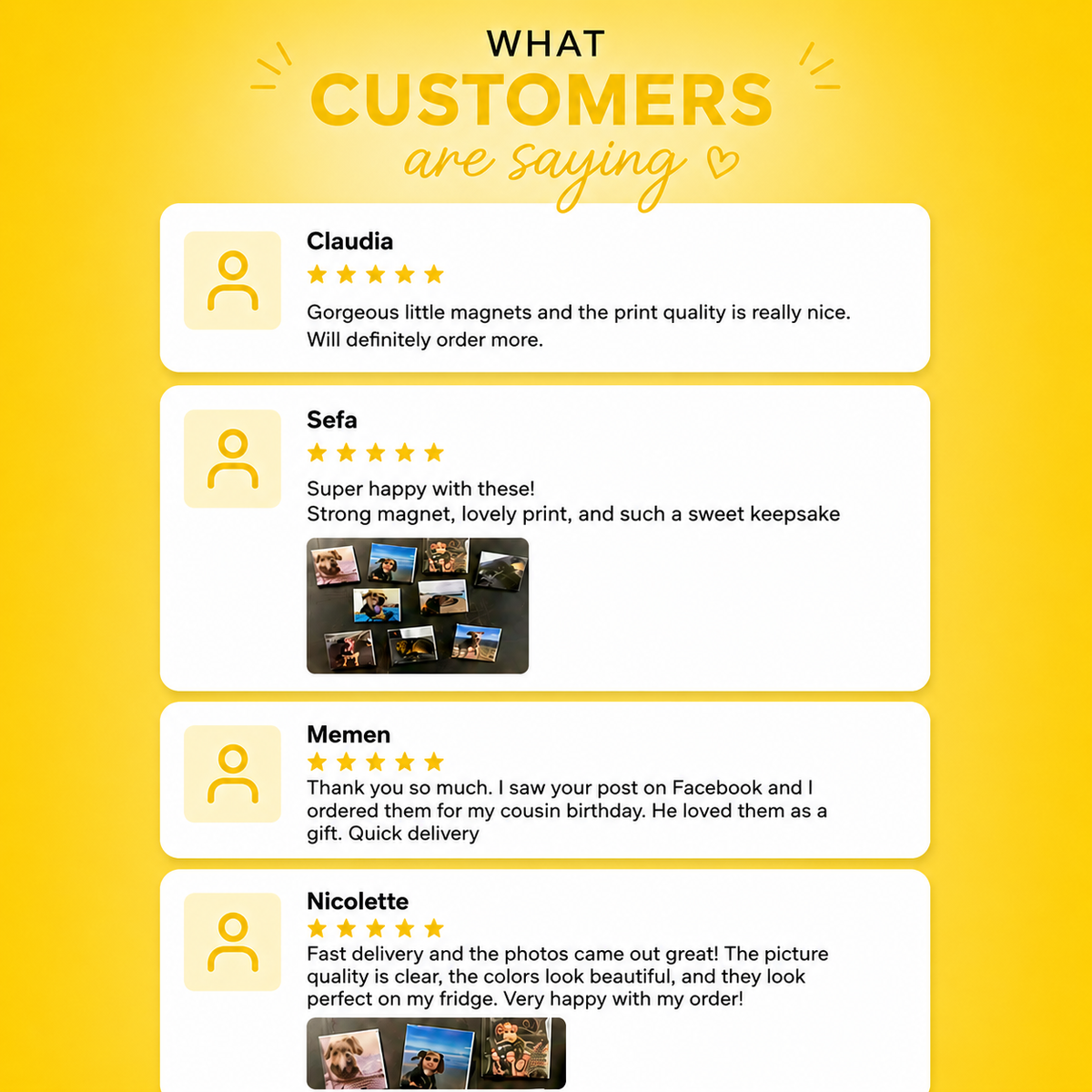 Customer reviews on a yellow background with star ratings.