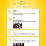 Customer reviews on a yellow background with star ratings.